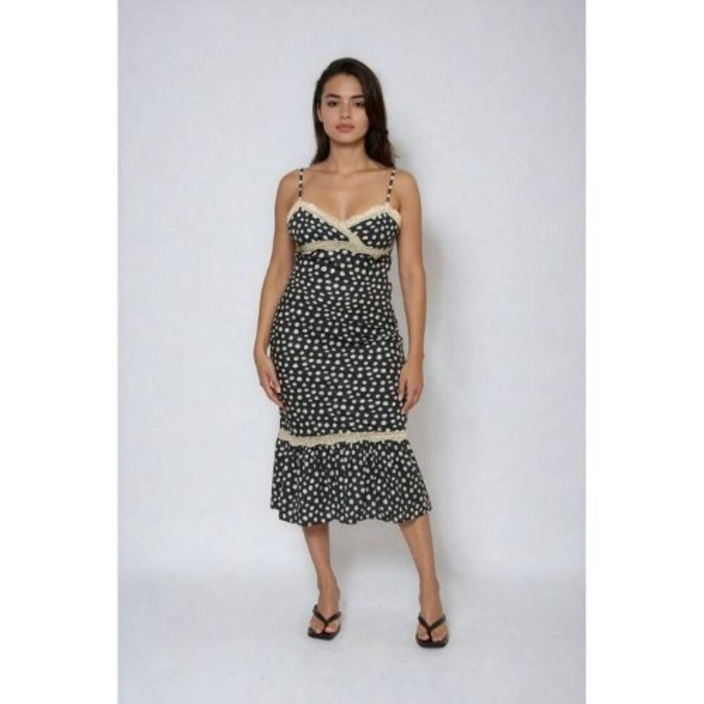 Polka Dot Lace-Trim Cami Midi Dress